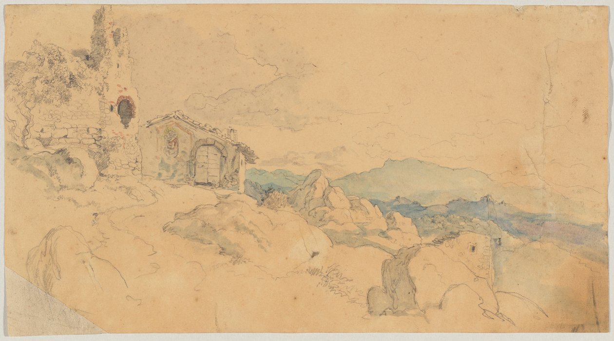 Bergslandskap med koja och ruiner av Heinrich Burkel