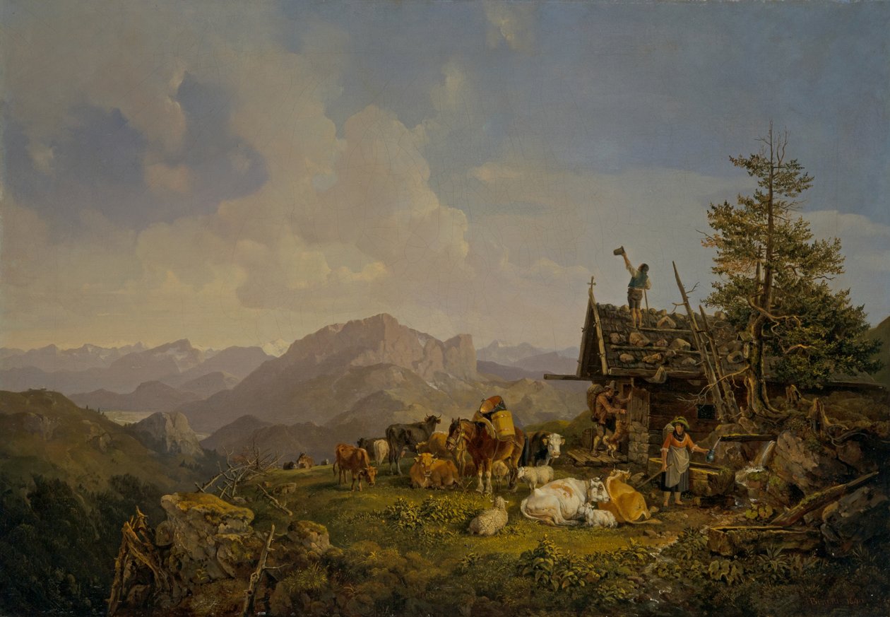 Landskap I Oberbayen Med Herdar Och Deras Boskap Vilar Vid En Koja av Heinrich Burkel