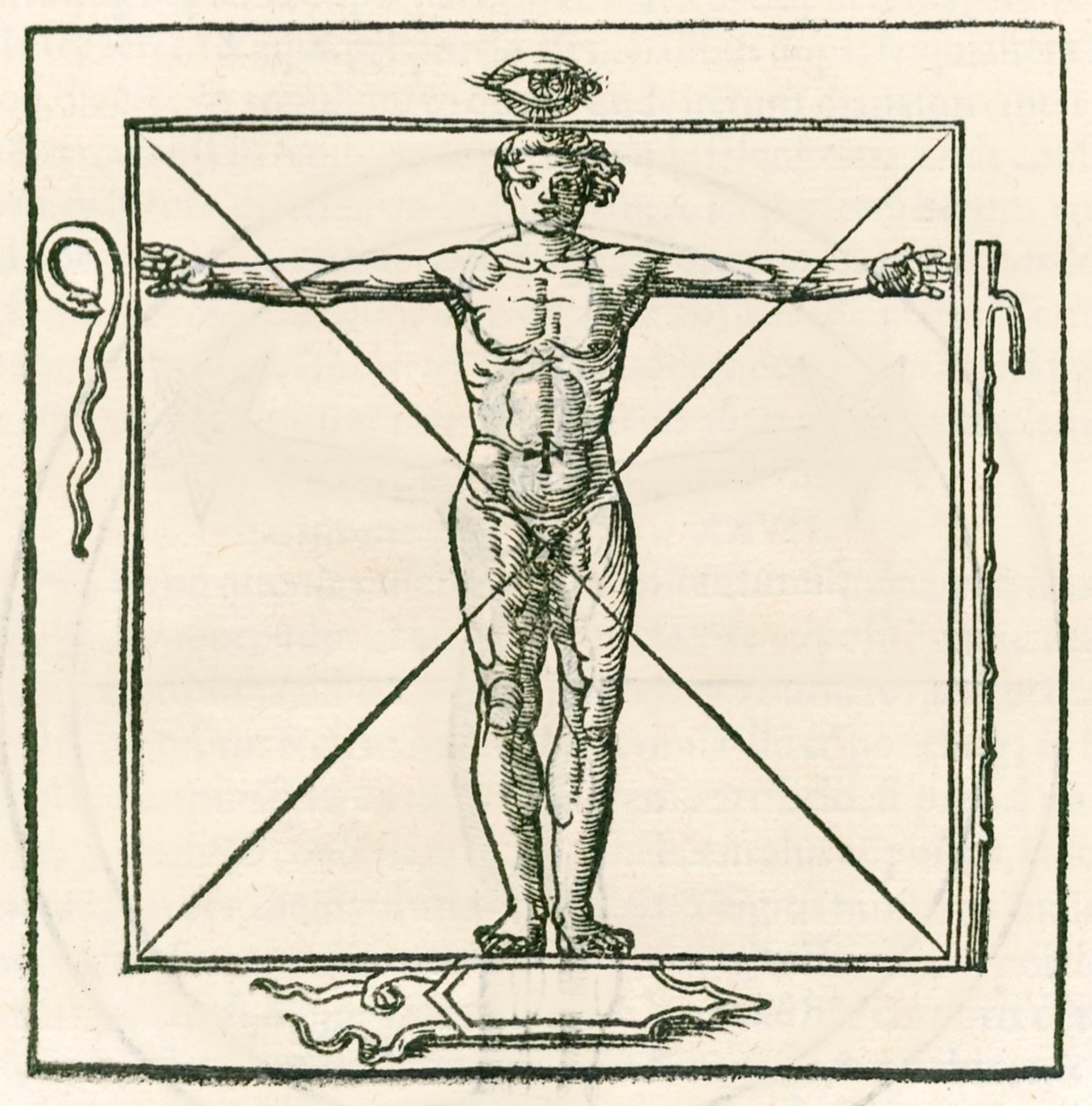 Man på en fyrkant omgiven av symboler för ögat, orm, sjusektionsstav och sköld. Gravyr från Heinrich Cornelius Agrippa von Nettesheim (1486-1535) De occulta philosophia libri tres (Three B av Heinrich Cornelius Agrippa von Nettesheim
