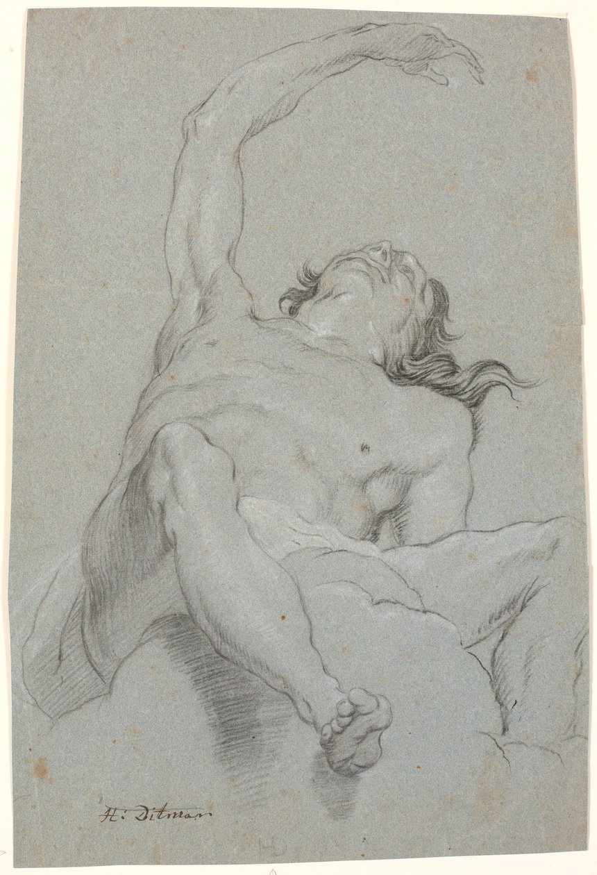 Naken man, sett "de sotto in su". Studie för figur i takmålning av Heinrich Dittmers