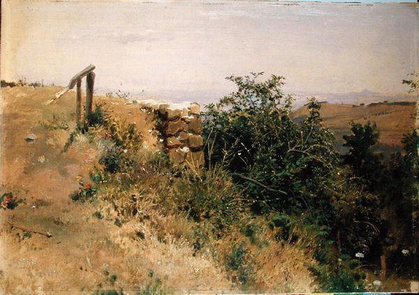 Italienskt landskap (olja på papper på kartong) av Heinrich Dreber