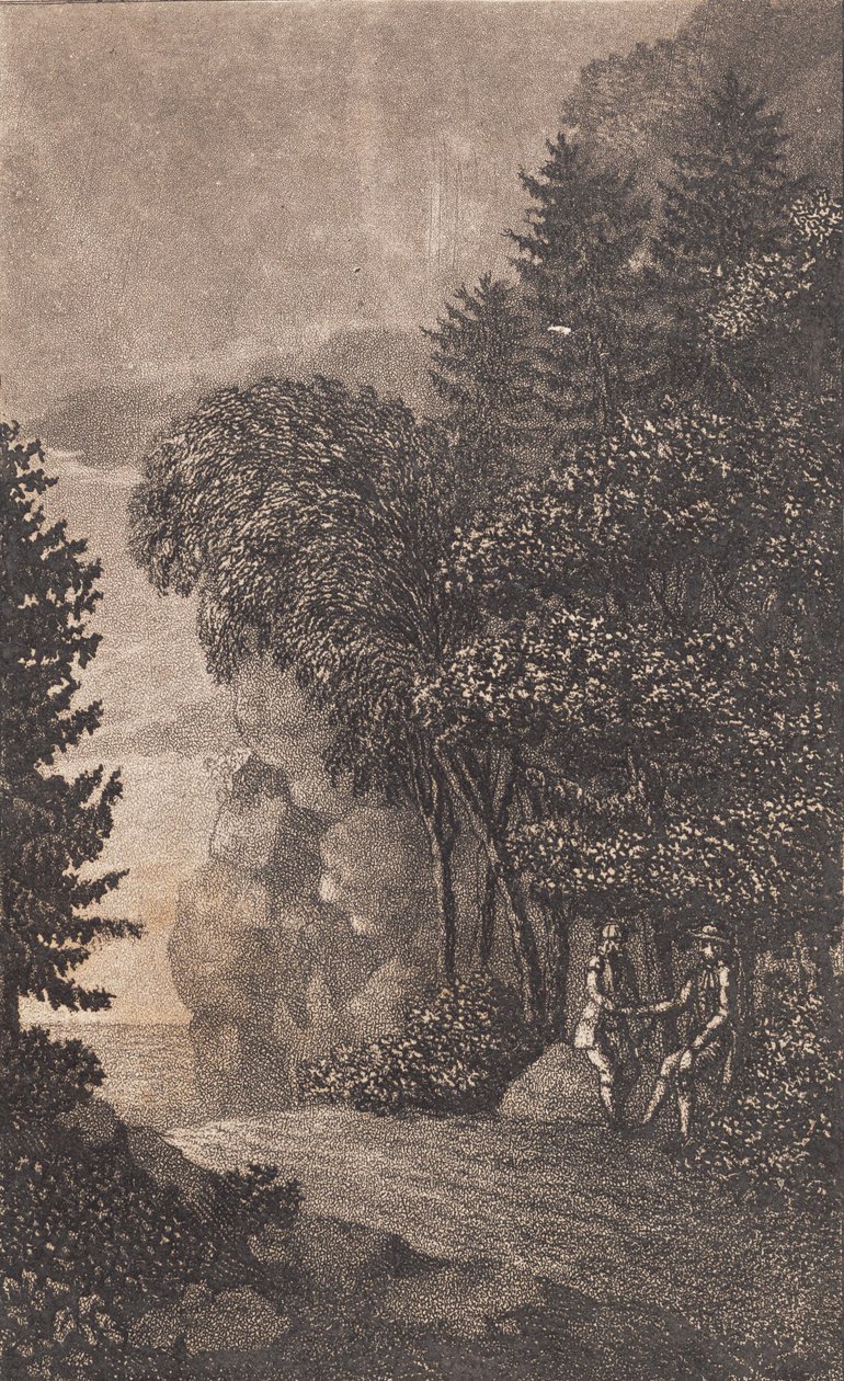 Landskap med stenar och stora träd, t.h. två män av Heinrich Grosch
