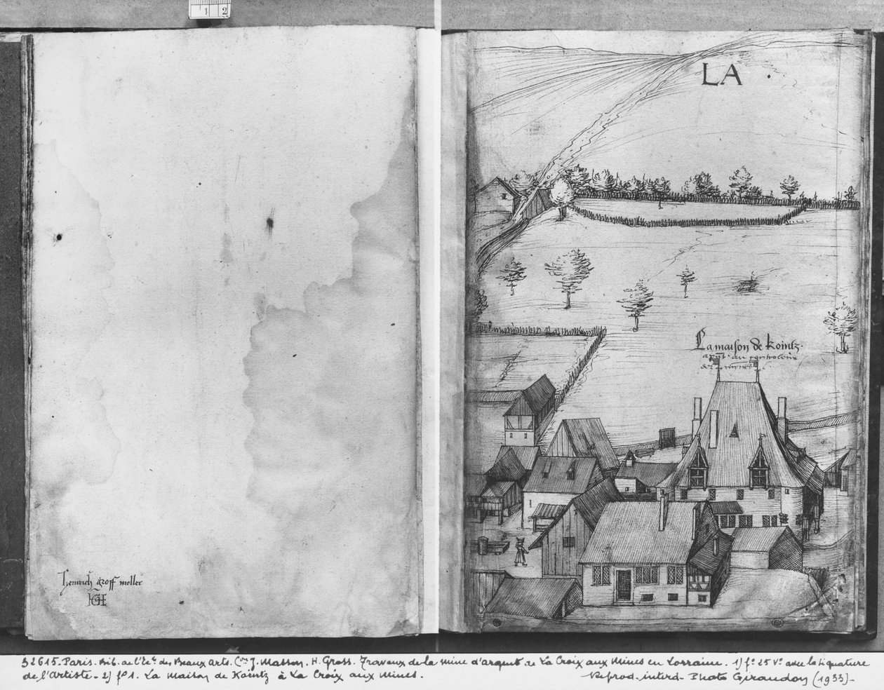 Fol.1 La Croix-aux-Mines by, Lorraine. Huset av Kointz, kontrollanten av gruvorna och fol.25v, konstnärens signatur, c.1530 (penna och bläck och wc på papper) av Heinrich Gross or Groff