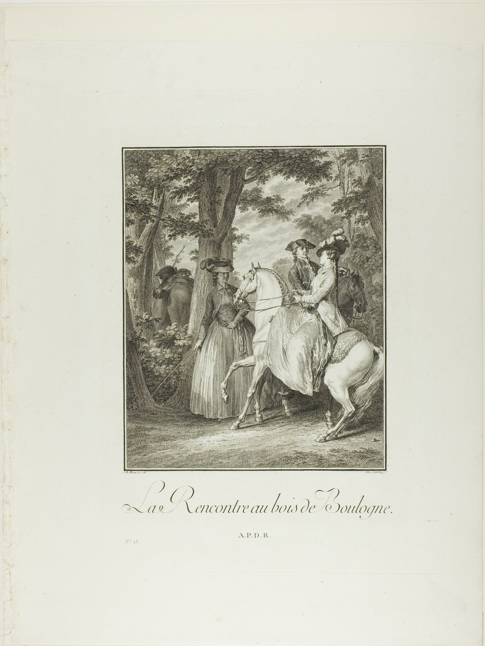 Möte i Boulogneskogen, från Monument du Costume Physique et Moral de la fin du Dix-huitième siècle av Heinrich Guttenberg