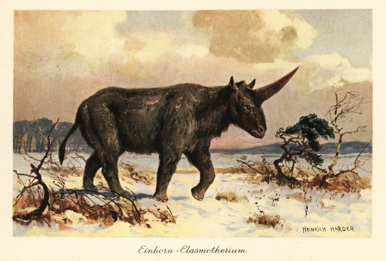 Sibirisk enhörning, Elasmotherium sibiricum, på en snöig slätt. av Heinrich Harder