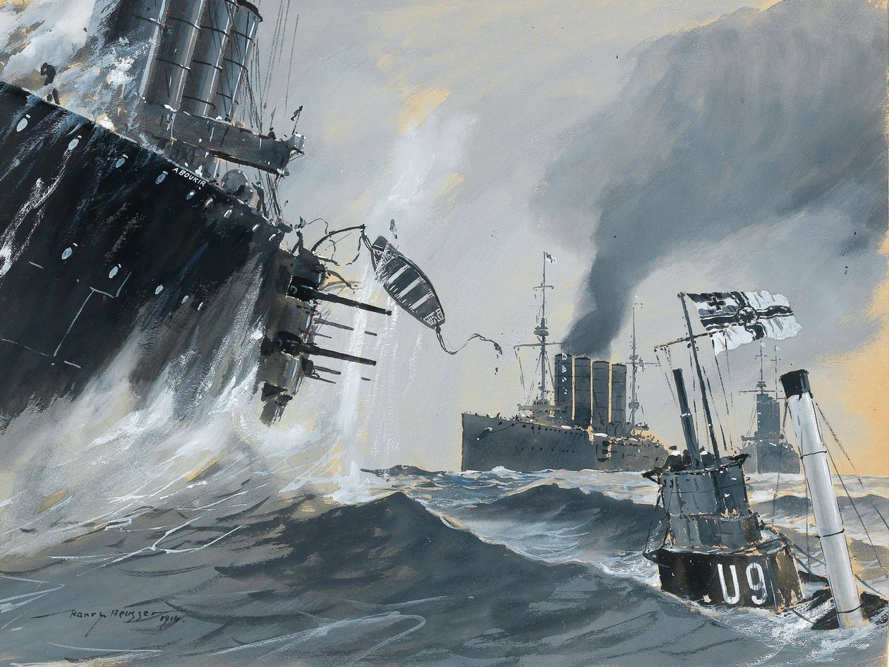 Ubåtar och krigsfartyg: HMS Aboukirs, Hogue och Cressys resor, 1914. av Heinrich Heusser