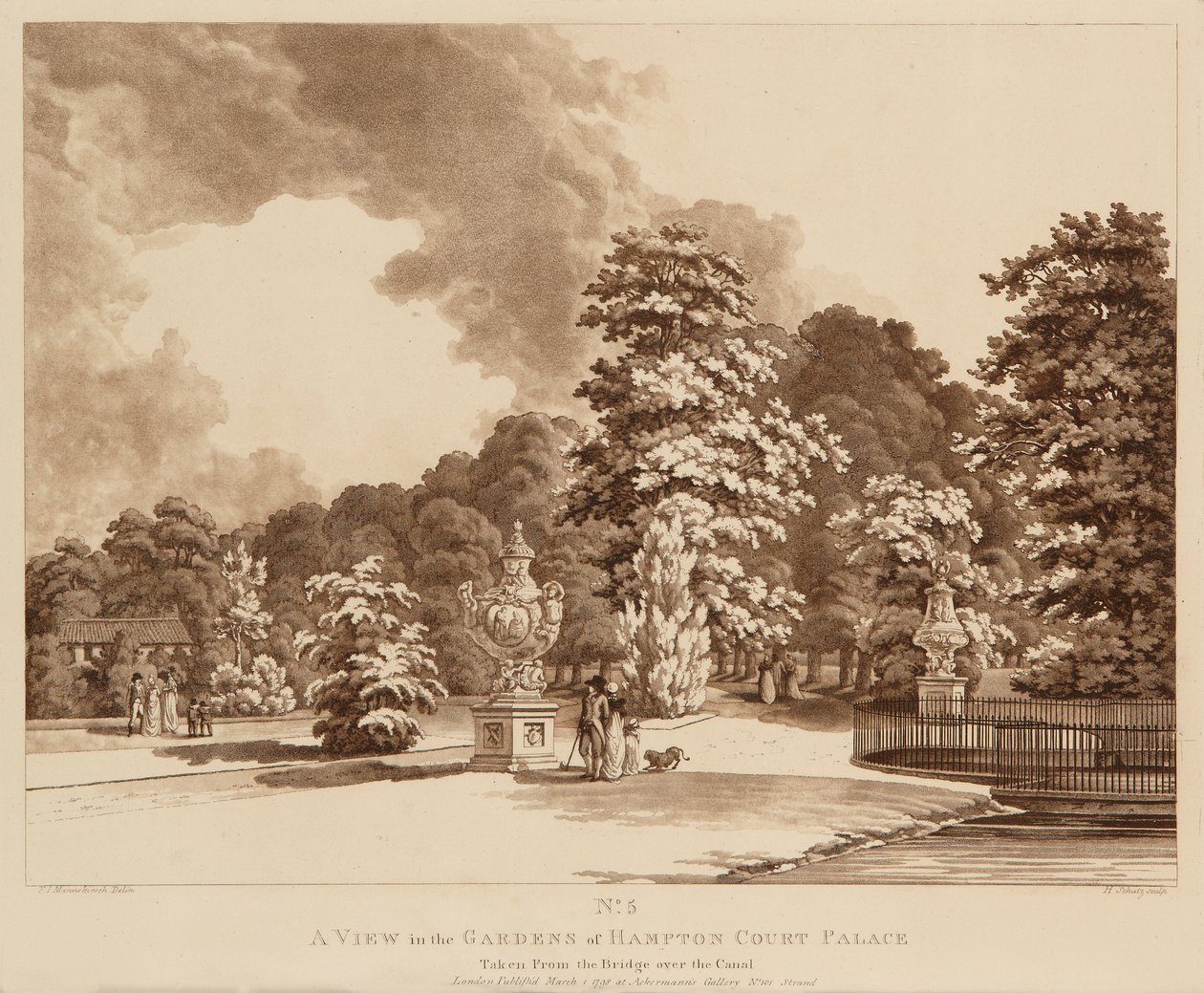Utsikt över trädgårdarna vid Hampton Court Palace (etsning och akvatint) av Heinrich Joseph Schuz