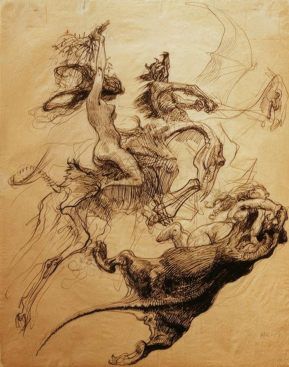 Naken kvinna på skelett och djävul som rider pterodactyl av Heinrich Kley