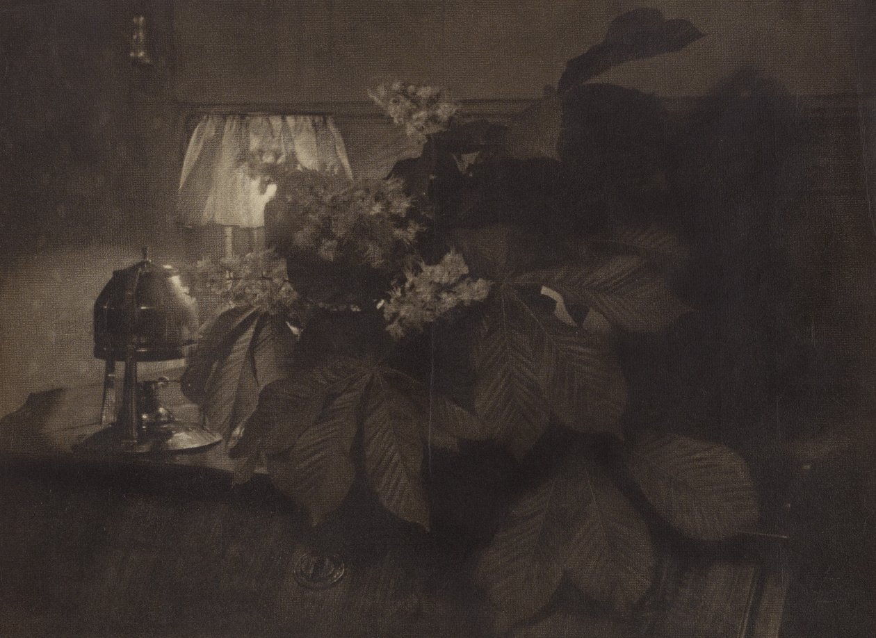 [Stilleben med blommor av hästkastanj, lampa och urna] av Heinrich Kuhn