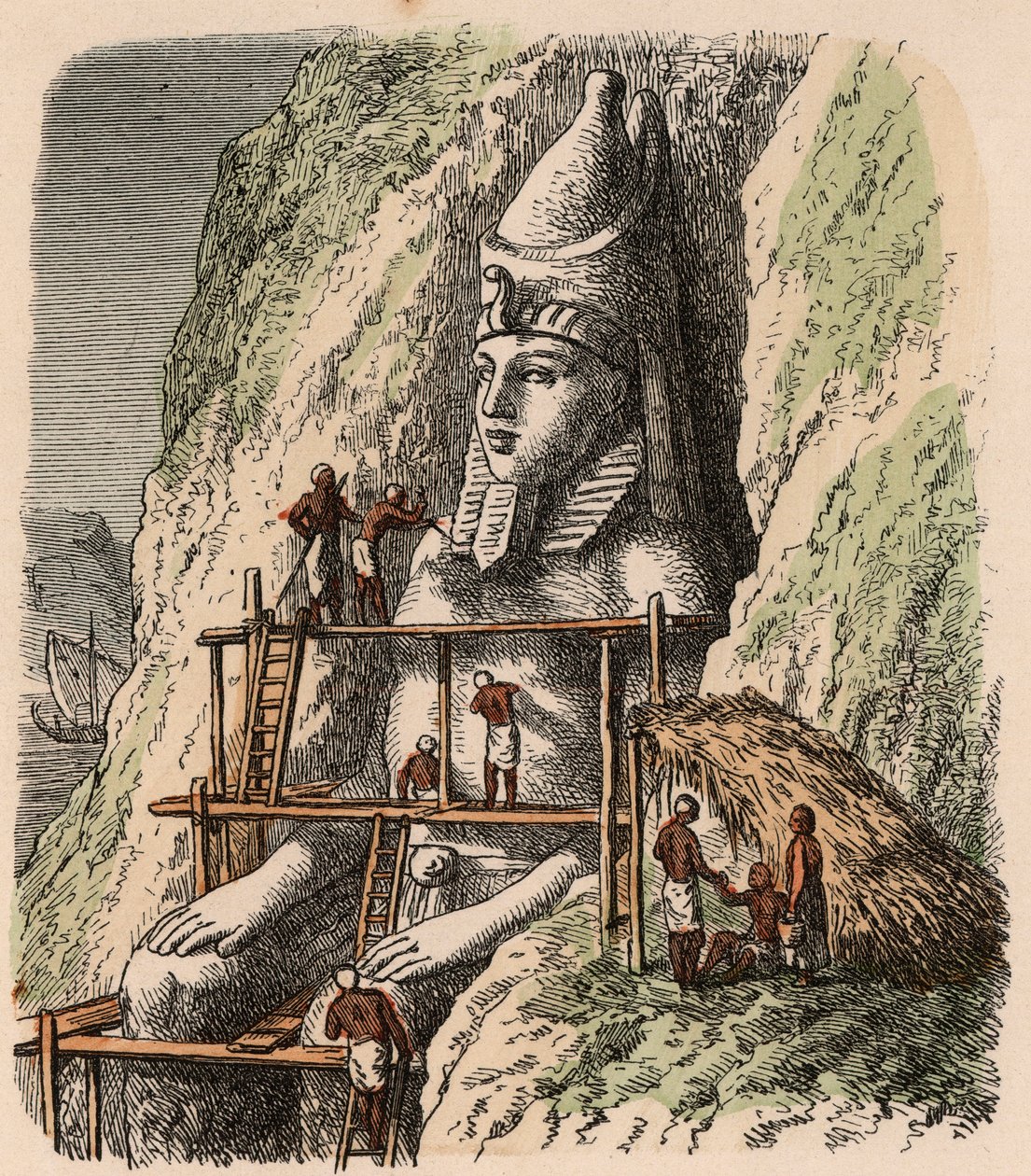 Forntida Egypten: Snideri en staty av Abu Simbel-templet, 1866 av Heinrich Leutemann