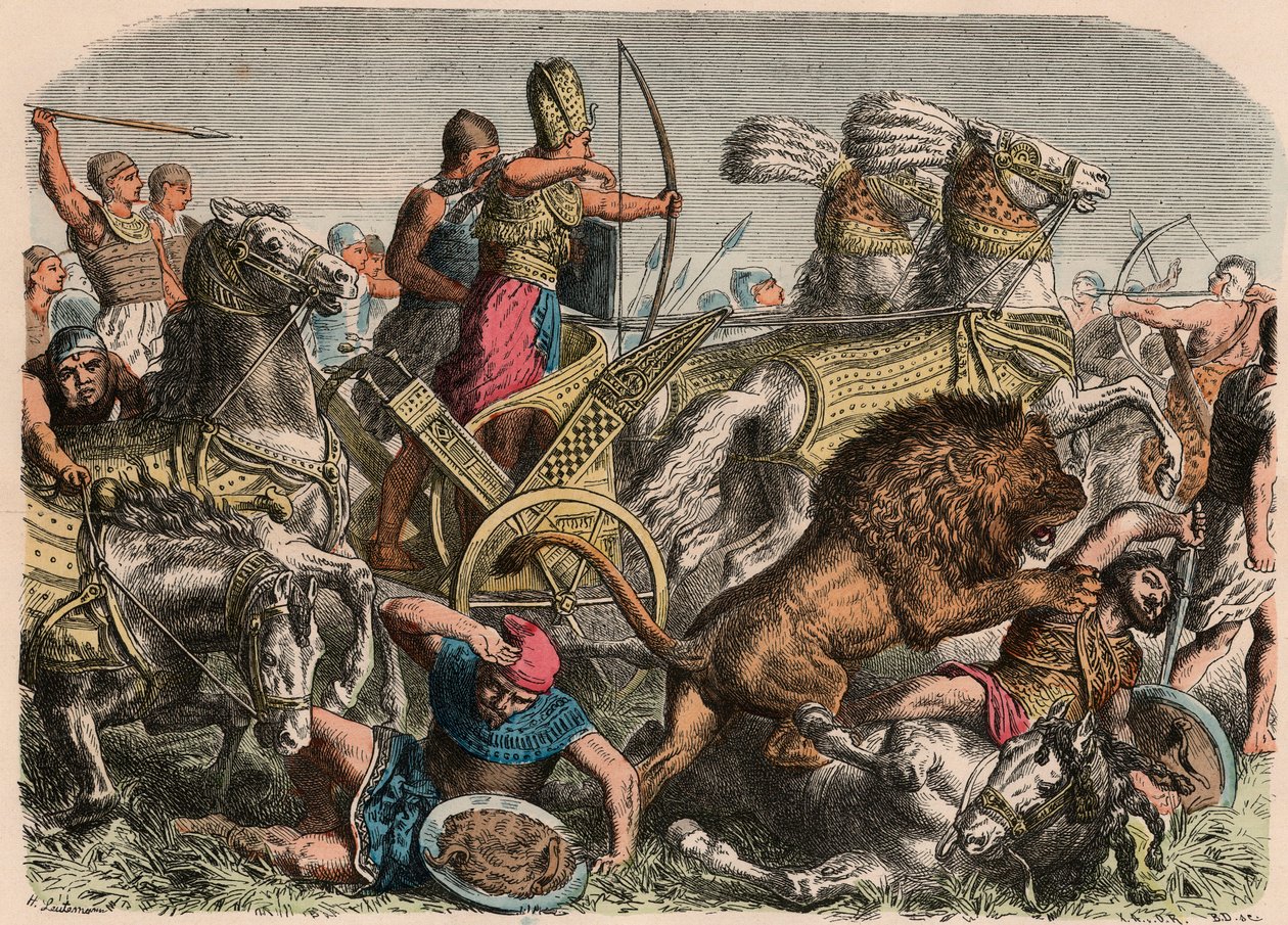 Forntida Egypten: Farao Ramses II kämpar mot krigslejonen i den hettitiska armén i Qadesh, 1274 f.Kr., 1866 av Heinrich Leutemann