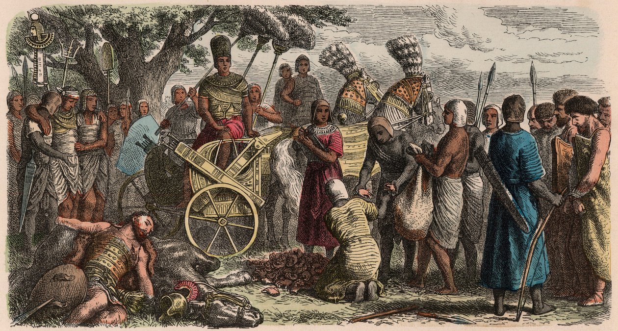 Forntida Egypten: fångarna förde fram till den segrande faraon Ramses II för att få sina händer avhuggna, 1866 av Heinrich Leutemann