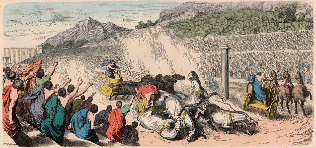 Antikens Grekland: Olympiska spelen - Fyra hästvagnar i Hippodromen av Heinrich Leutemann