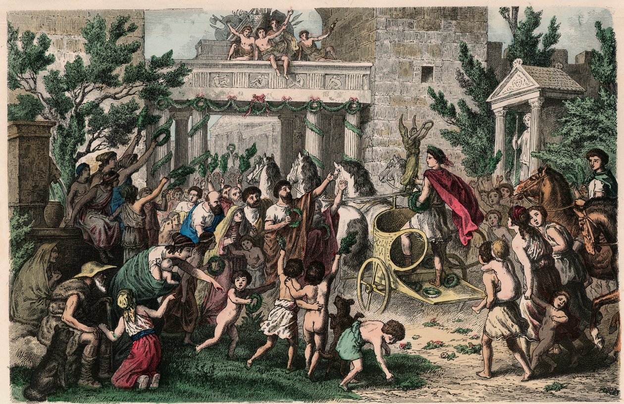 Antikens Grekland: Välkommen till den olympiska mästaren i hans hemstad, 1866 av Heinrich Leutemann