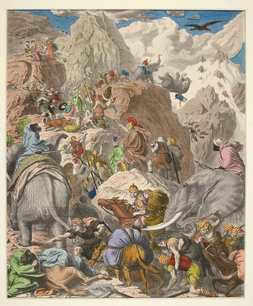 Hannibal Crossing the Alps, pub. 1866 (handfärgad gravyr) av Heinrich Leutemann