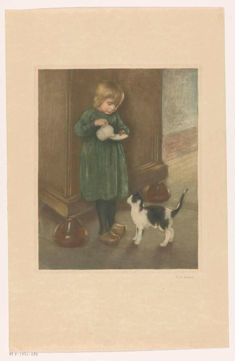 Flicka som matar en katt av Heinrich M. Krabbé (signed by artist)
