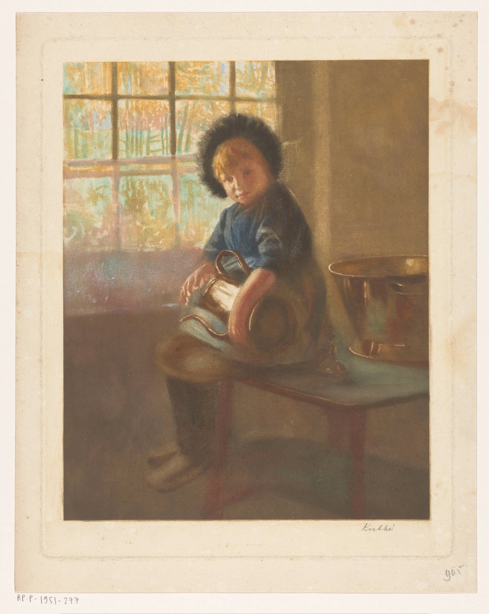 Flicka som polerar en kopparkruka av Heinrich M. Krabbé (signed by artist)