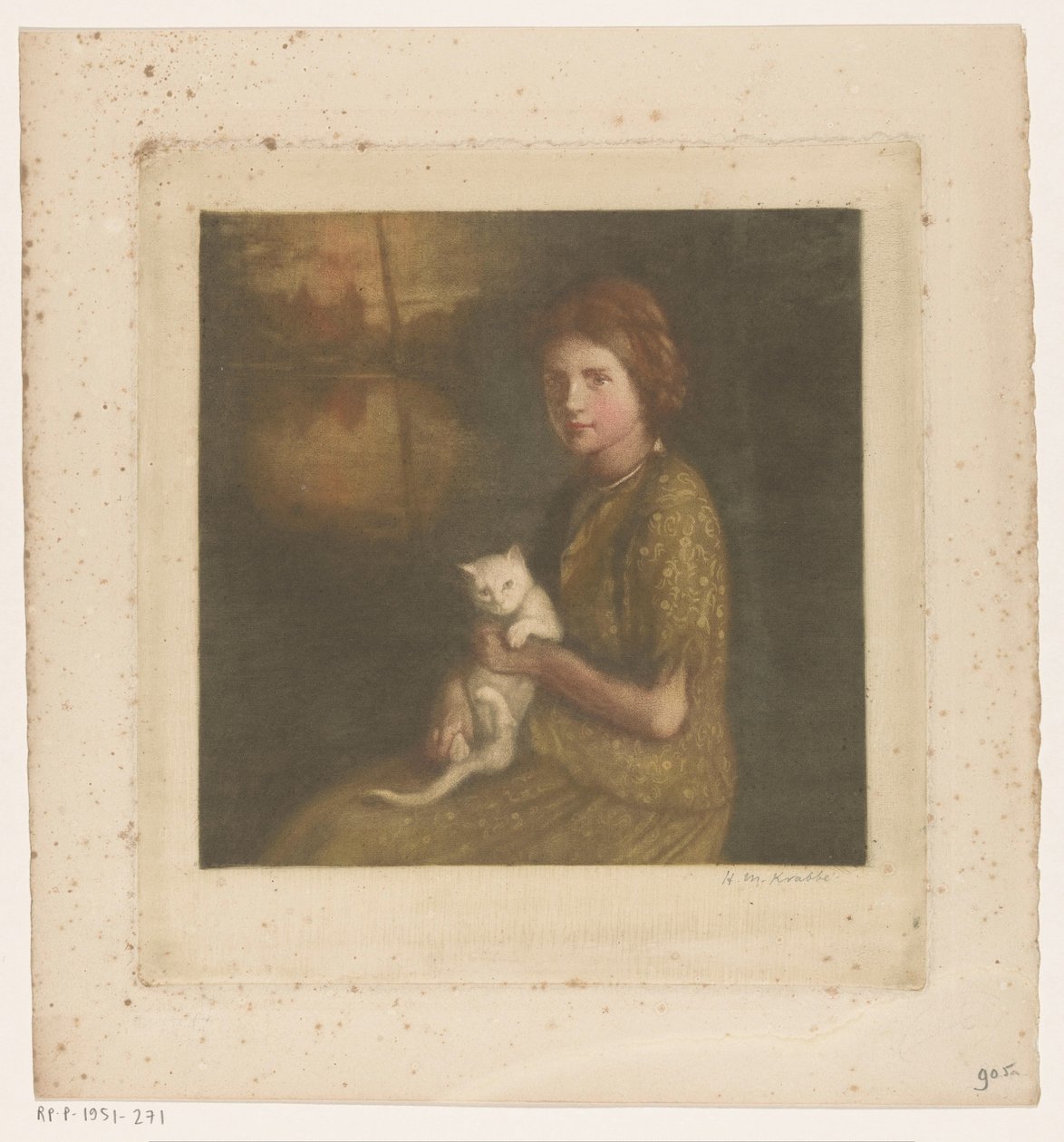 Flicka med en katt i knäet av Heinrich M. Krabbé (signed by artist)
