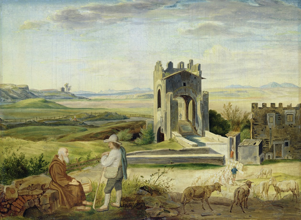Campagna Landscape near the Nomentano Bridge (olja på papper, lagt på kartong) av Heinrich Maria von Hess