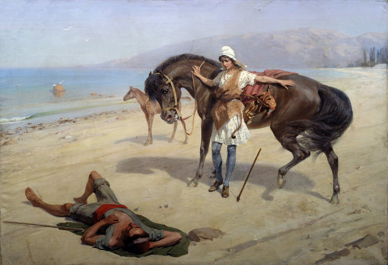 Amazon (Amazon). En amazon upptäcker en sovande sjöman på stranden. Målning av Heinrich Genrich Matveyevich Maniser (1847-1925), olja på duk. Rysk konst, 1900-talet. Regionala M. Vrubel konstmuseum, Omsk (Ryssland) av Heinrich Matvejevich Maniser