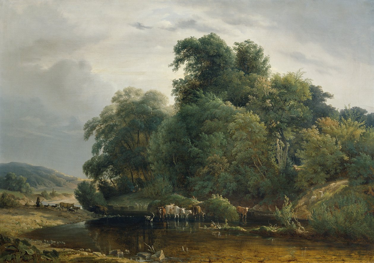 Landskap med boskap och herdinna av Heinrich Peyer