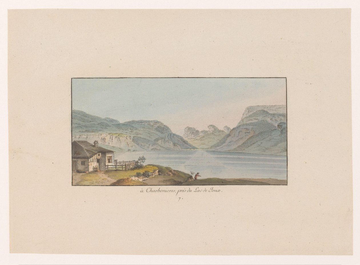 Se över Les Charbonnières vid Lac de Joux i Charbonieres, nära Lac de Joux (titel på objekt) Gezichten op Zwitserland (serietitel) Samling av några vyer ritade i Schweiz från naturen (serietitel) av Heinrich Rieter