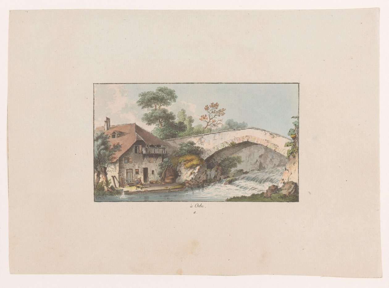 Vy över ett hus nära en bro vid Orbe à Orbe (titel på objekt) Utsikter över Schweiz (serietitel) Collection de quelques vues dessinées en Suisse d