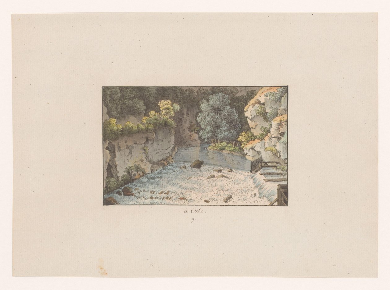 Vy över ett vattenfall vid Orbe à Orbe (titel på objekt) Utsikter över Schweiz (serietitel) Collection de quelques vues dessinées en Suisse d