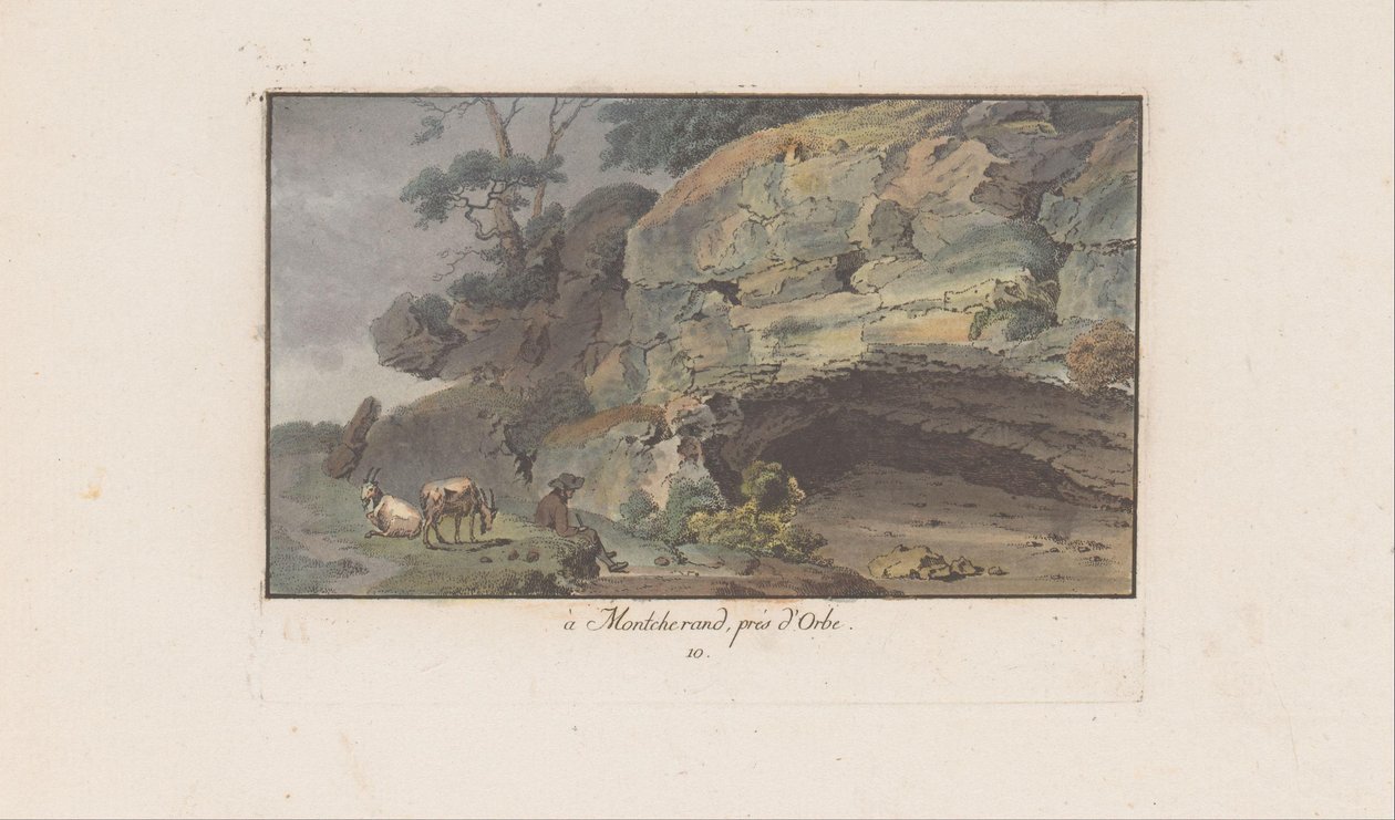 Herder voer ein grot i Montcherand à Montcherand, nära Orbe (titel på objekt) Landskap i Schweiz (serietitel) Samling av några perspektiv i Schweiz (serietitel) av Heinrich Rieter