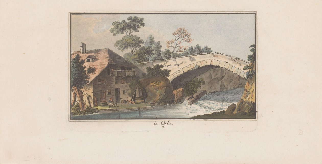 Hus bredvid en bro över en flod i Orbe à Orbe (titel på objekt) Landskap i Schweiz (serietitel) Sammlung einiger Aussichten in der Schweiz (serietitel) av Heinrich Rieter