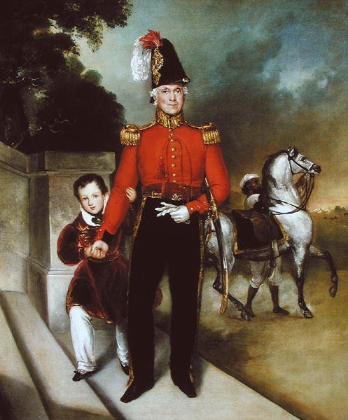 General Sir James Dennis (1778-1855) med sin son, en syce som leder bort hans laddare 1843 (olja på duk) av Heinrich Schaeffer