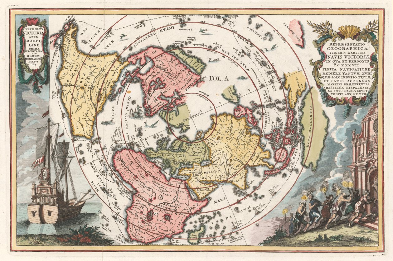Världskarta med Magellans jordomsegling Från Scherers Atlas novus, 1702-1703 av Heinrich Scherer