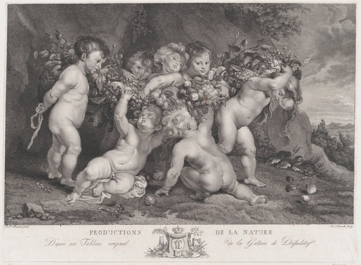 Sju putti som bär en krans av frukt, ca. 1780-87. av Heinrich Schmitz