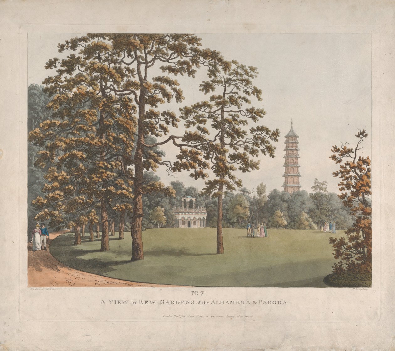 En utsikt i Kew Gardens av Alhambra och pagoden, 1813. av Heinrich Schutz