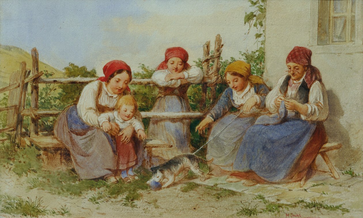Kvinnor och barn med en lekande katt av Heinrich Stohl