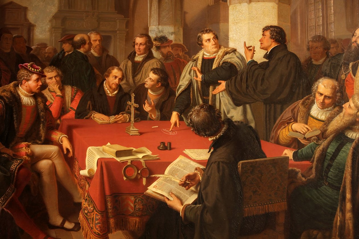 August Noack religiös dialog i Marburgs slott 1869 detalj av Heinrich Stürzl