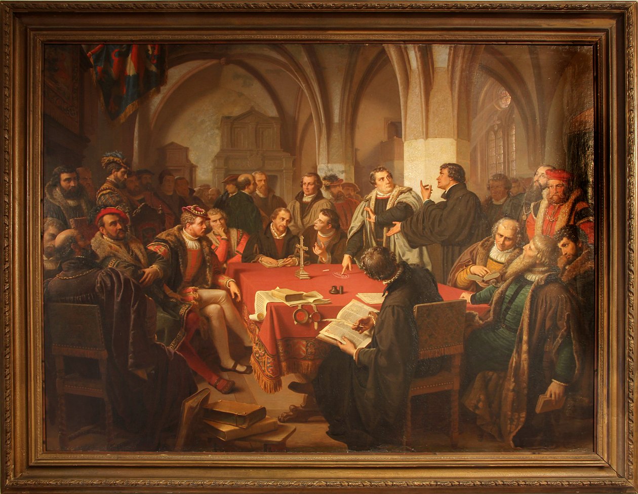 August Noack religionsdialog i Marburgs slott 1869 med ram av Heinrich Stürzl