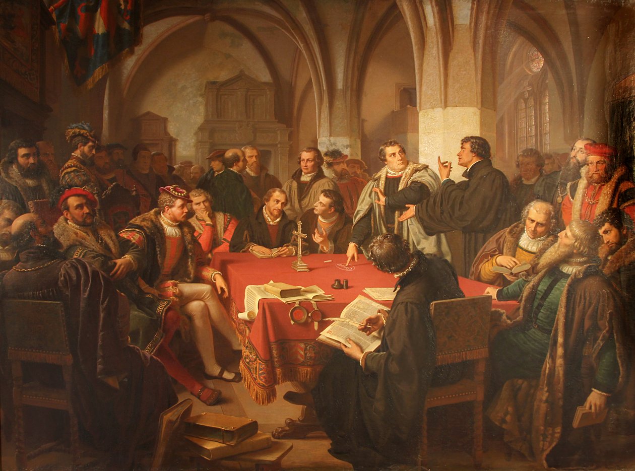 August Noack Religiös dialog i Marburgs slott 1869 utan ram av Heinrich Stürzl