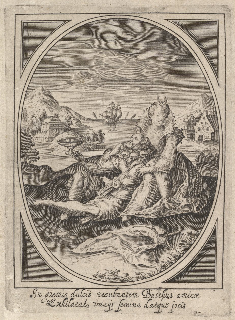 Ett par satt på marken, mannen håller i en bägare och lutar sig mot..., ca. 1585-1621. av Heinrich Ulrich
