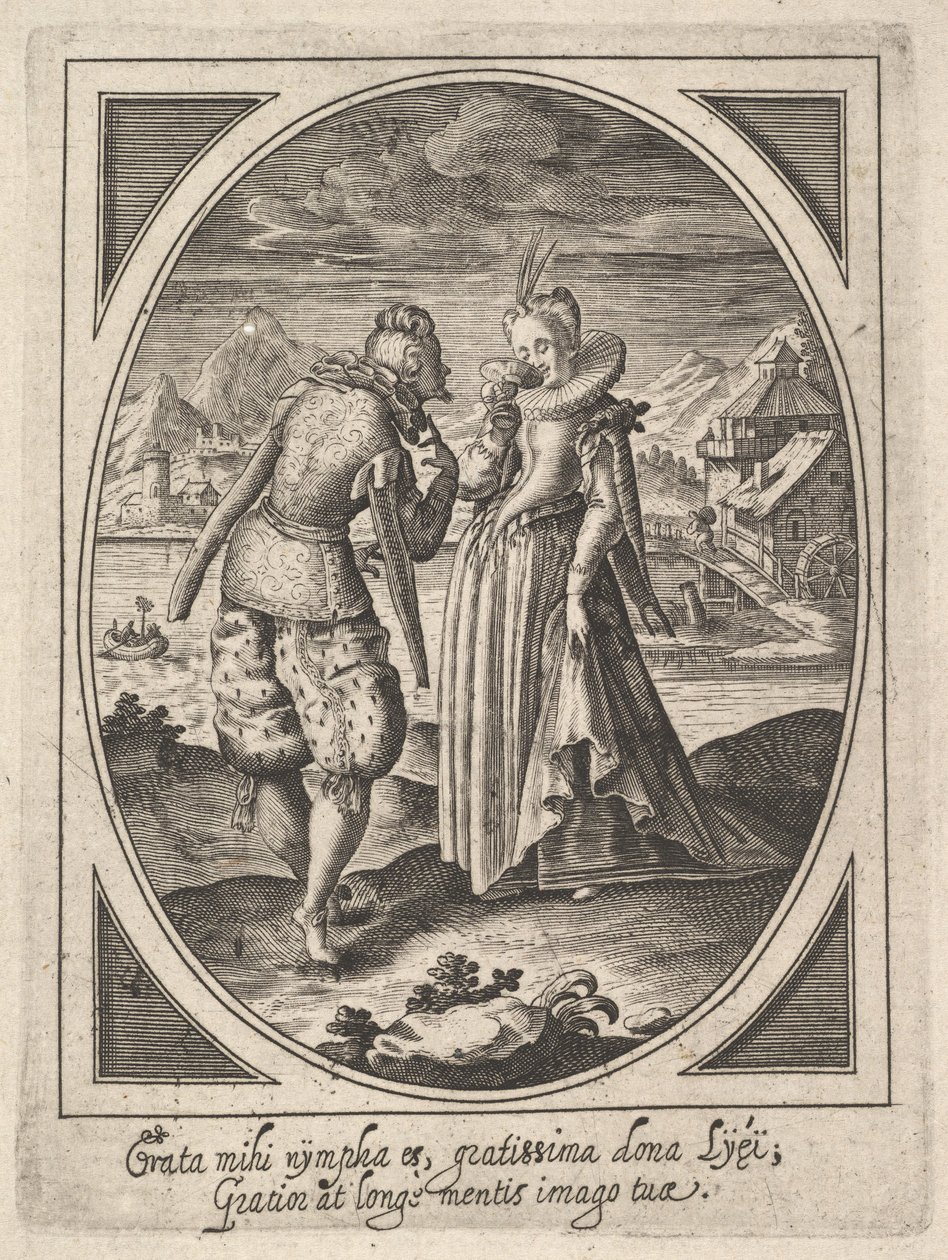 En man kliver mot en kvinna som håller en bägare mot munnen, en vattenkvarn och berg..., ca. 1585-1621. av Heinrich Ulrich