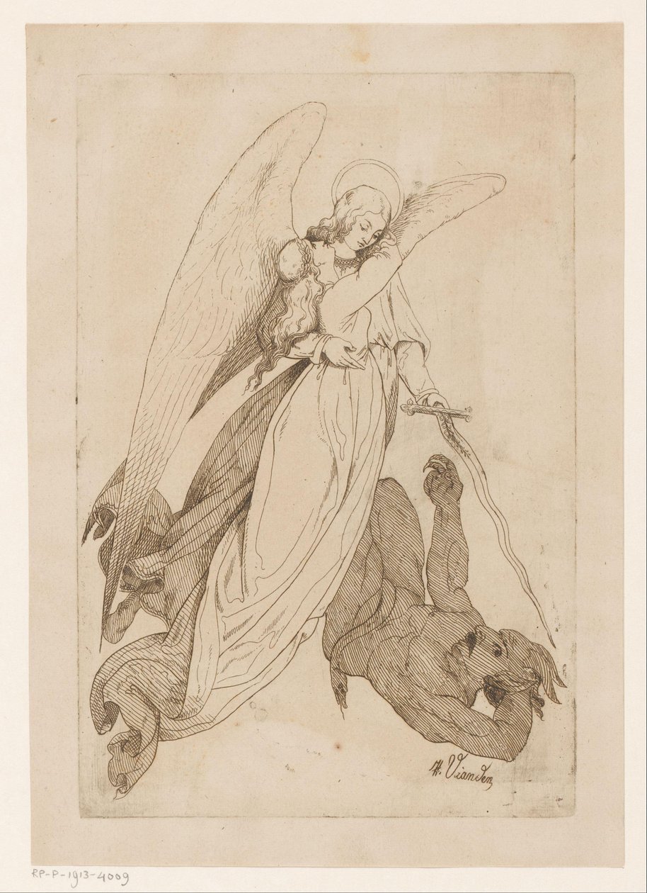 Angel lyfter ett kvinnligt helgon och besegrar en demon av Heinrich Vianden