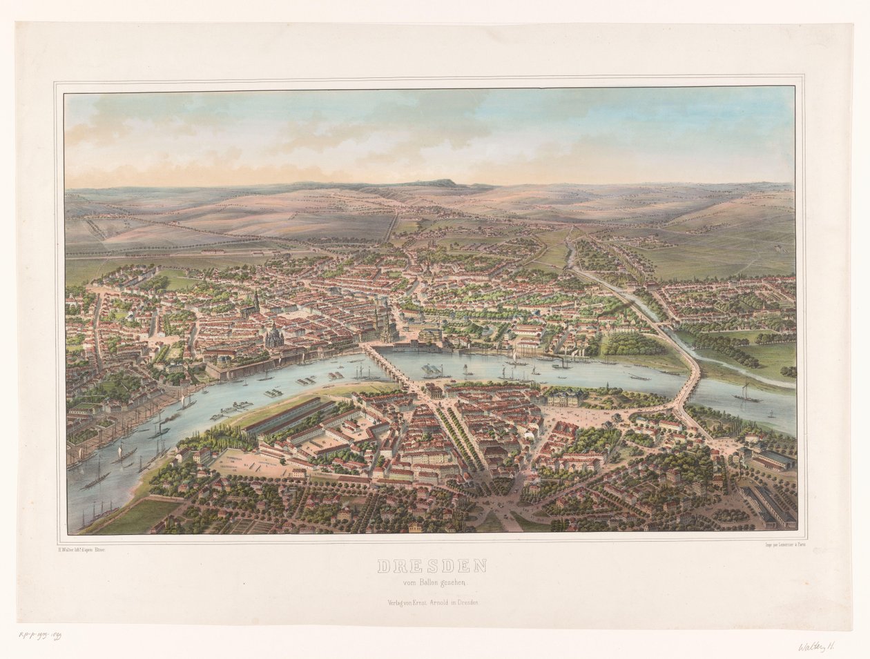 Utsikt över Dresden sett från en luftballong Dresden, vom Ballon gesehen (titel på objekt) av Heinrich Walter