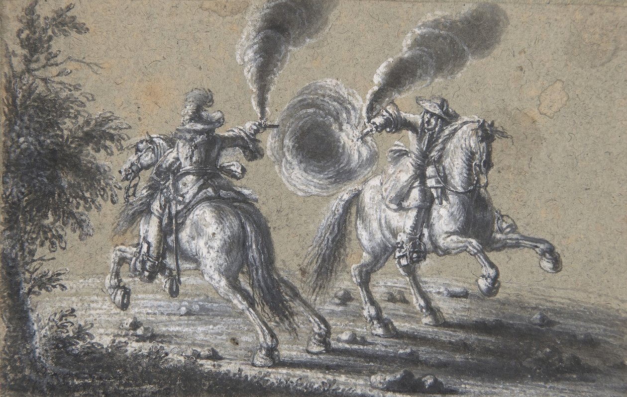 Två ryttare som skjuter på varandra, 1600-1677. av Heinrich Werdmuller