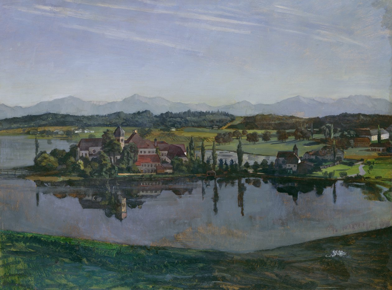 Seeonklostret i Oberbayern, 1892 (olja på papper monterad på kort) av Heinrich Wilhelm Truebner