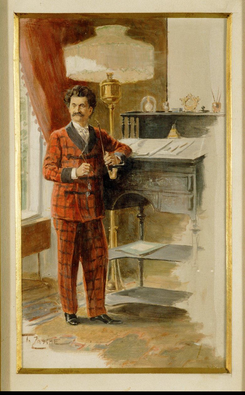 Johann Strauss son vid sitt höga skrivbord i sitt arbetsrum ... (akvarell) av Heinrich Zasche
