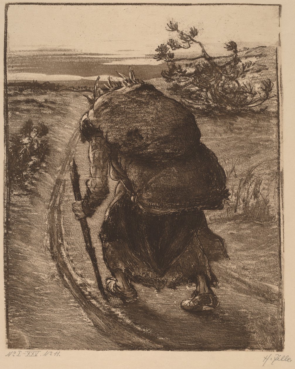 En kvinna som bär en bunt med pinnar av Heinrich Zille