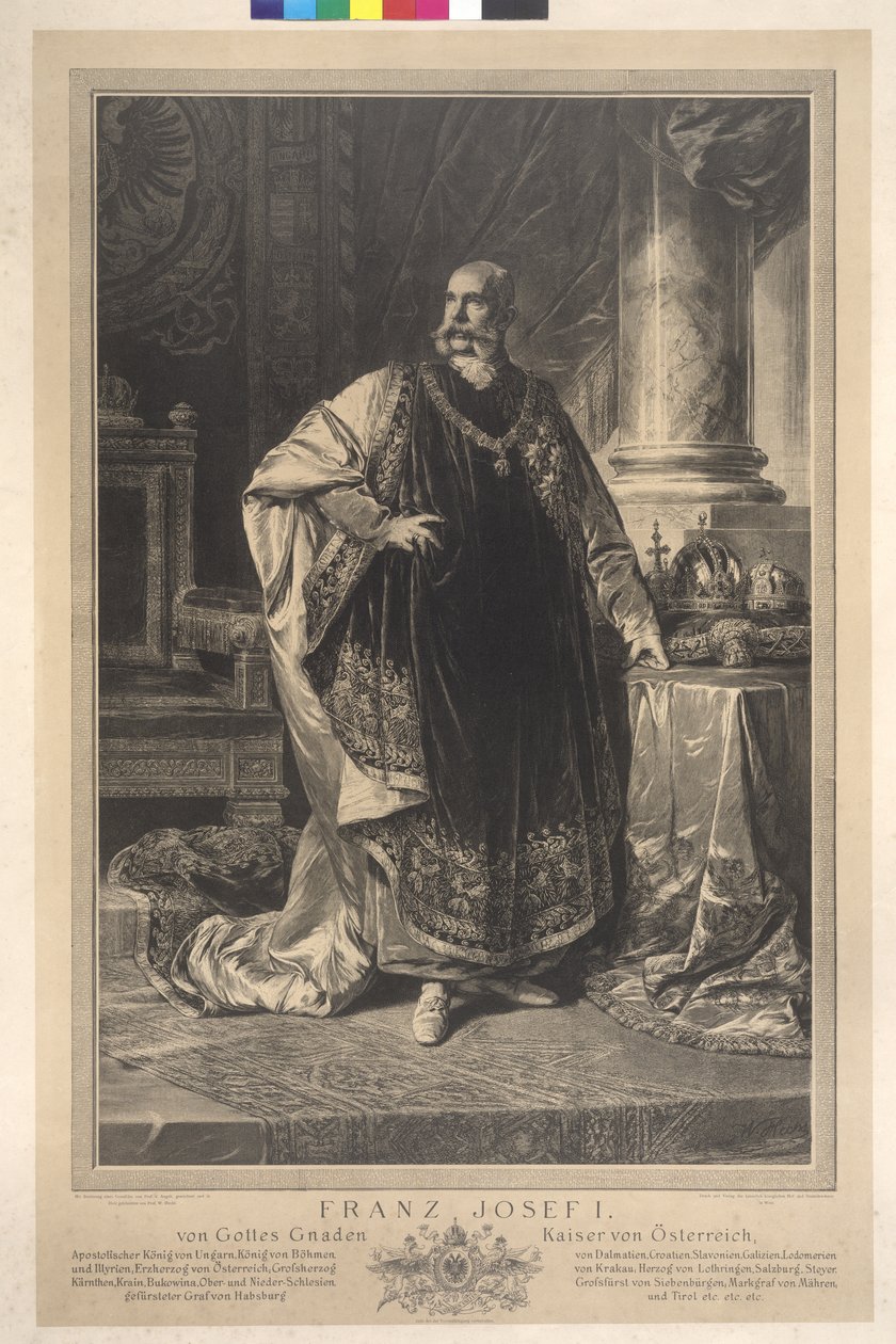 Helfigur stående Franz Joseph I i fleecemantel av Heinrich von Angeli