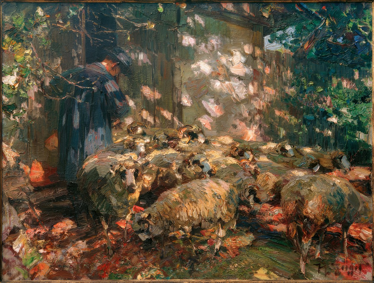 Herde med får framför stallet av Heinrich von Zügel