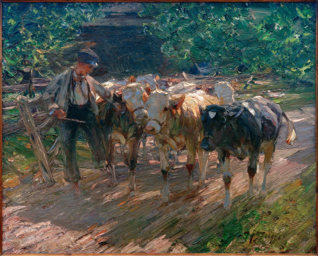 En kottrande pojke leder tre kalvar av Heinrich von Zügel