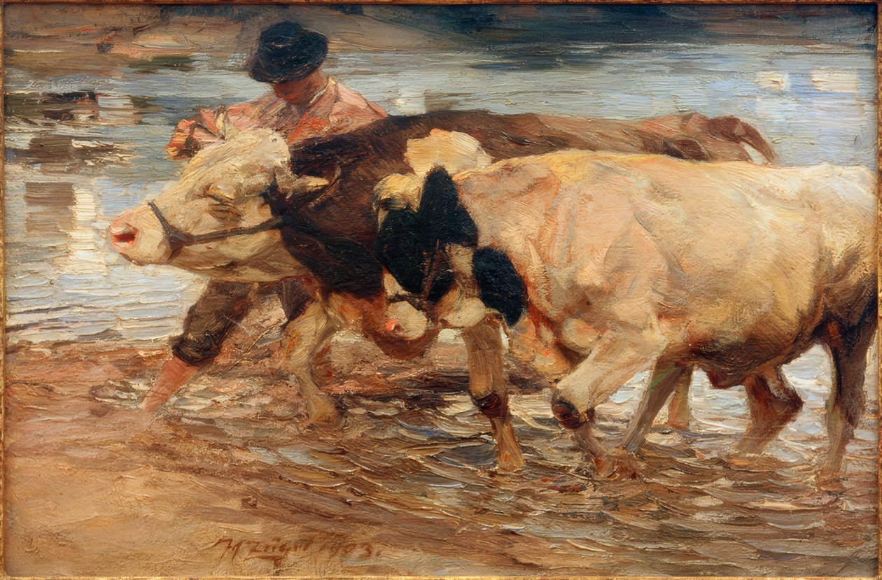 Dräng med ko och oxe av Heinrich von Zügel